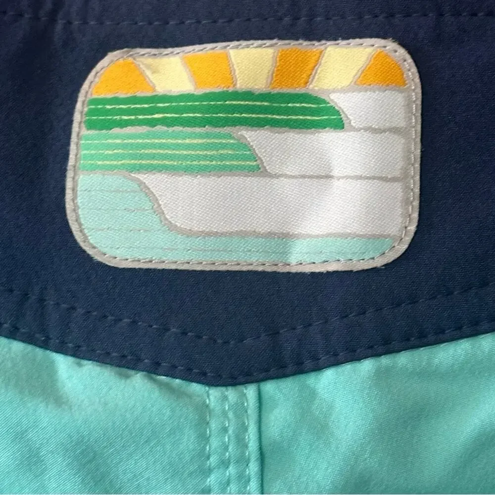 Greenlines Men’s Size 34 Navy Turquoise Blue Striped Board Shorts Swim Trunks